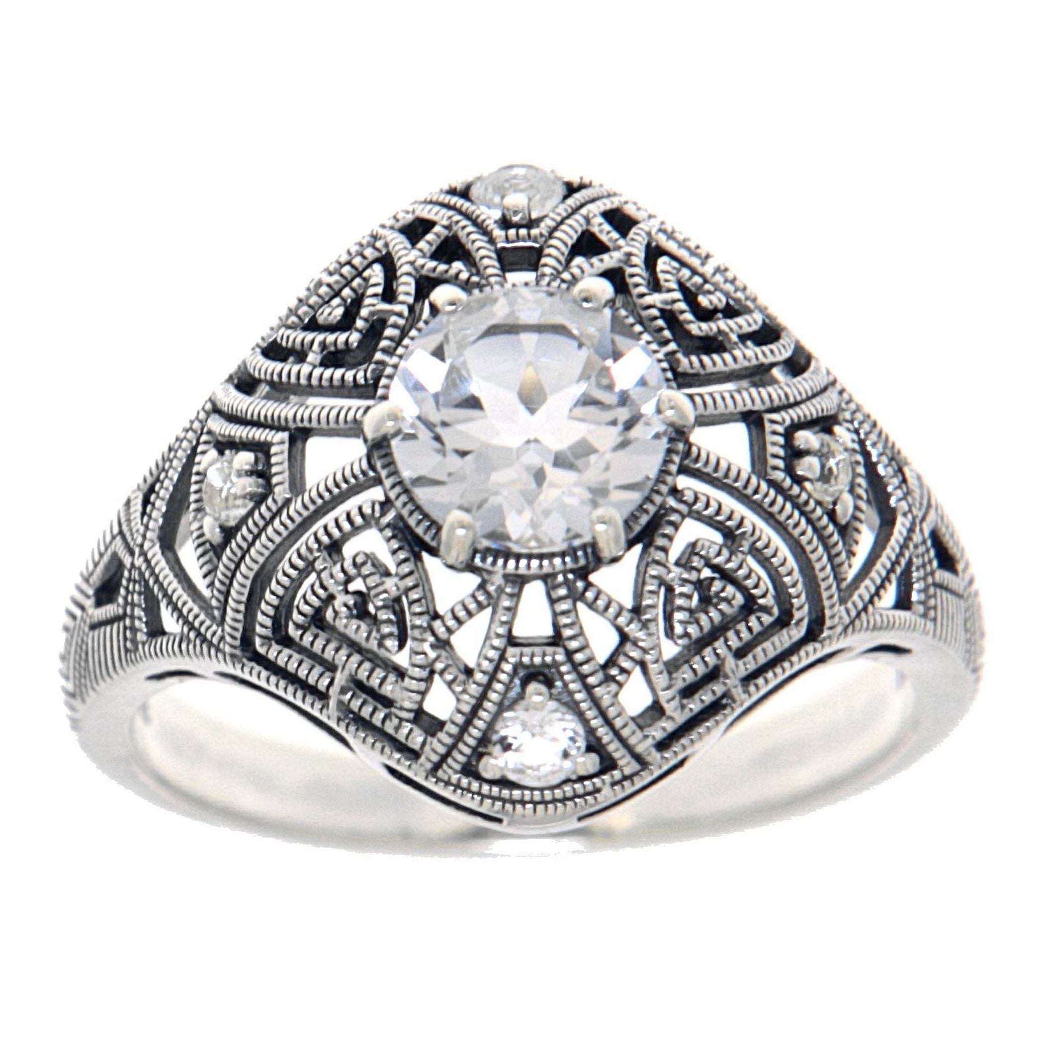 Back view of Art Deco Style Sterling Silver White Topaz Filigree Ring showing 925 sterling silver hallmark