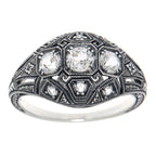Back view of Art Deco Style Three Stone Sterling Silver Filigree White Topaz Ring showing 925 sterling silver hallmark