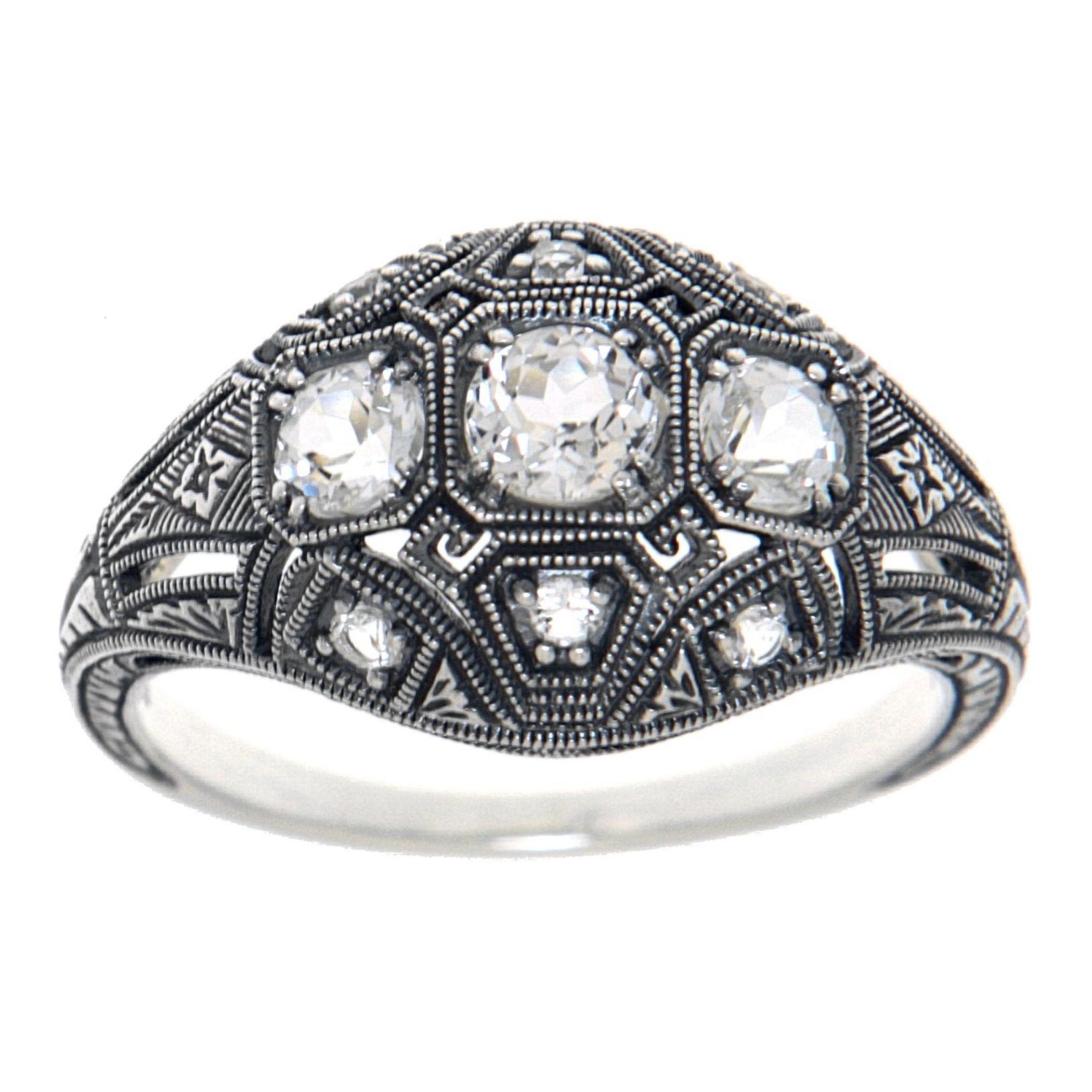 Back view of Art Deco Style Three Stone Sterling Silver Filigree White Topaz Ring showing 925 sterling silver hallmark