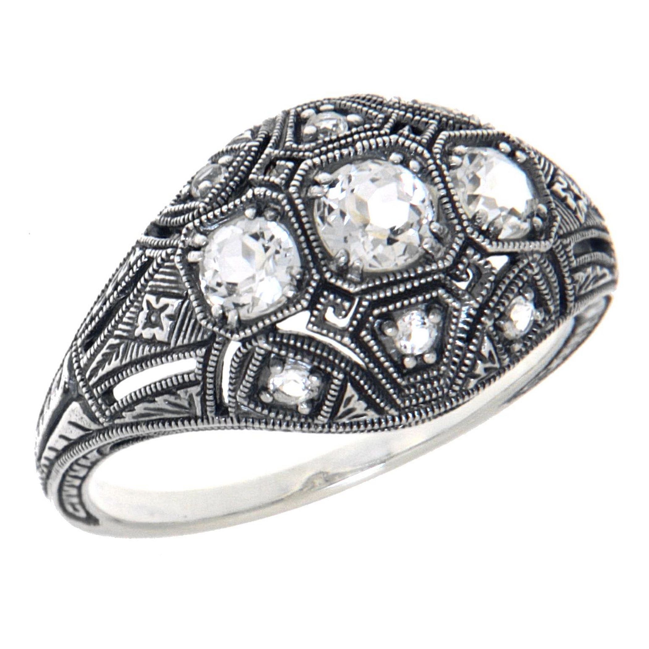 Art Deco style, White Topaz, sterling silver rings, front view