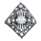 Back view of Art Deco Style Sterling Silver White Topaz Filigree Ring showing 925 sterling silver hallmark