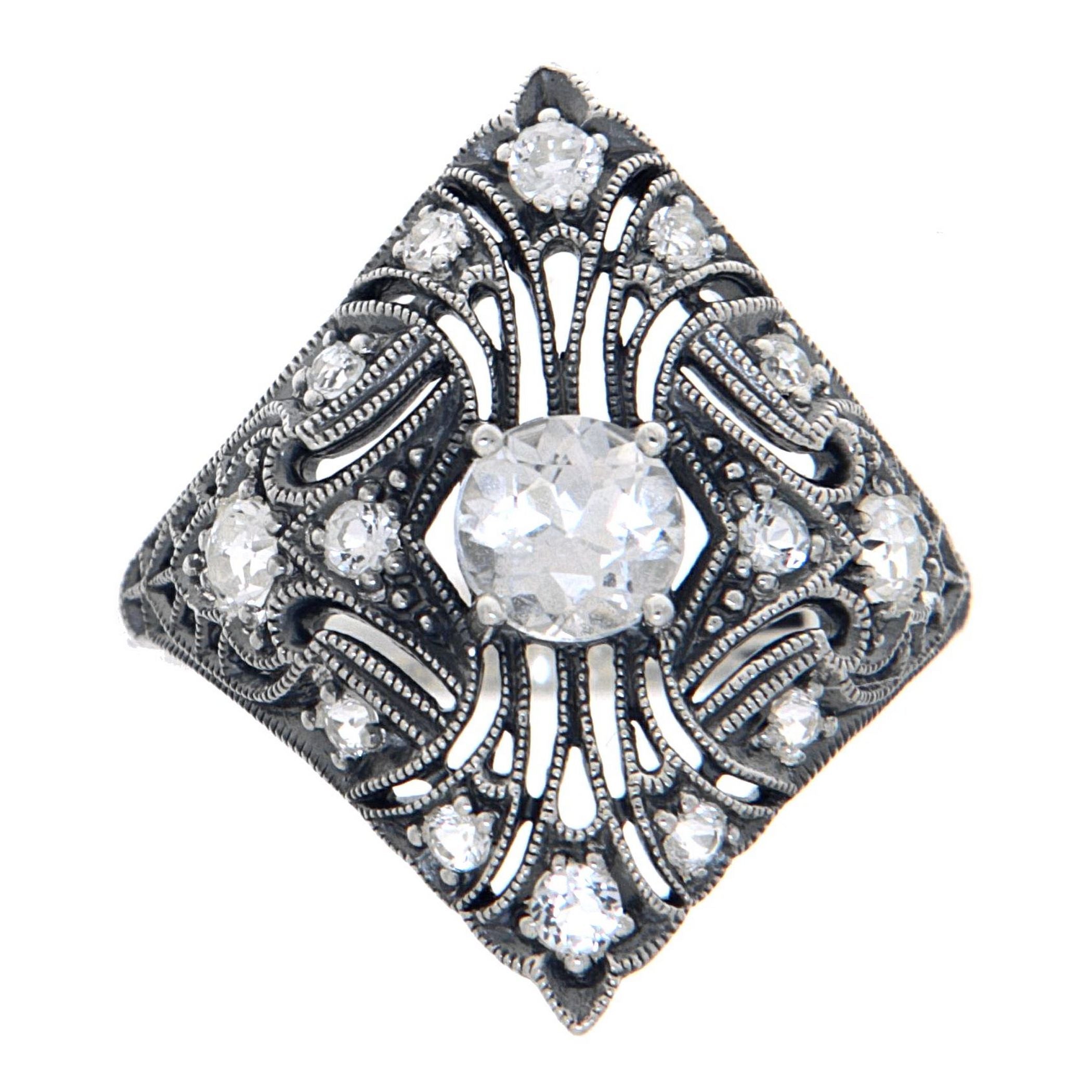 Back view of Art Deco Style Sterling Silver White Topaz Filigree Ring showing 925 sterling silver hallmark