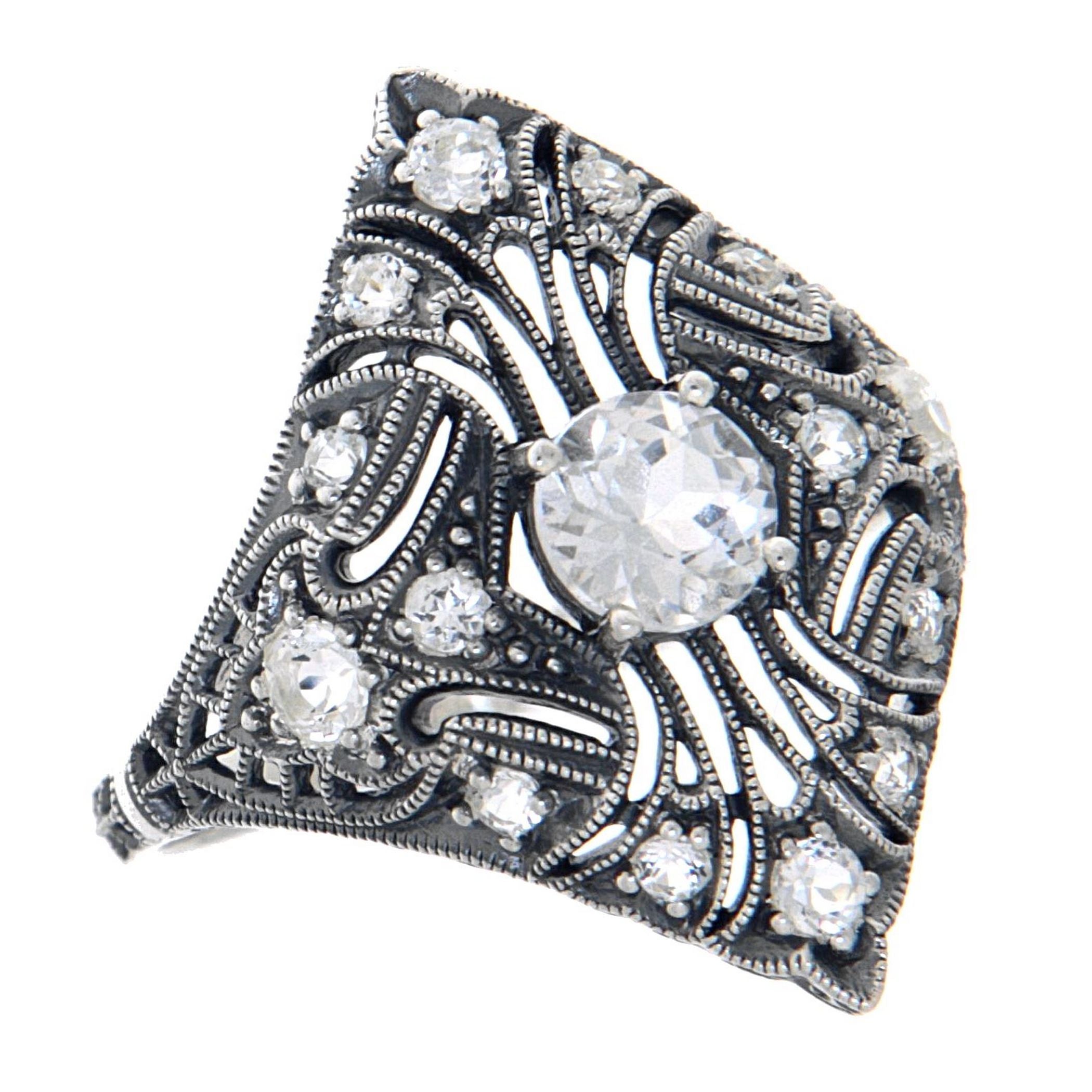 Art Deco style, White Topaz, sterling silver rings, front view
