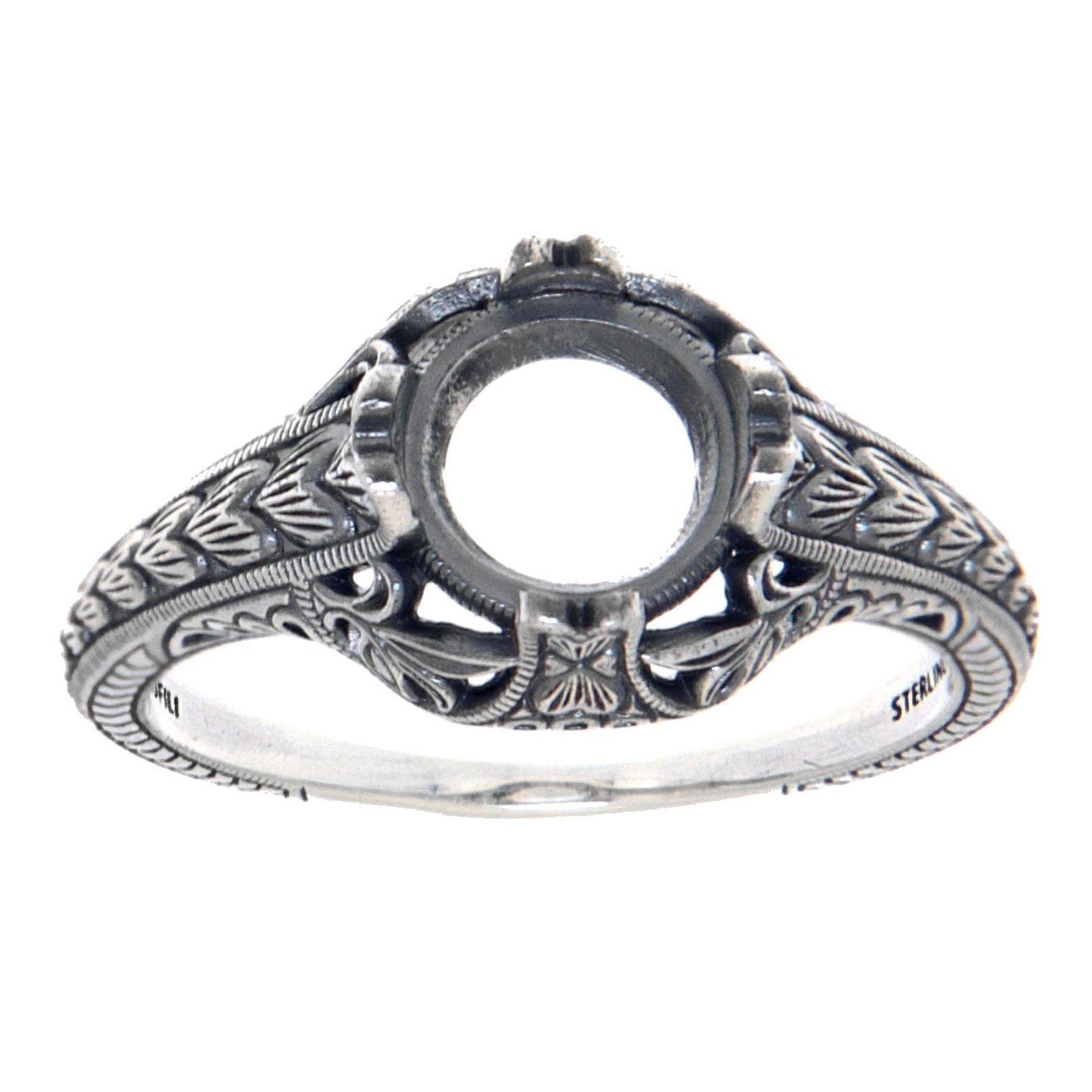 Back view of Semi Mount 7mm Classic Victorian Style Filigree Ring showing 925 sterling silver hallmark