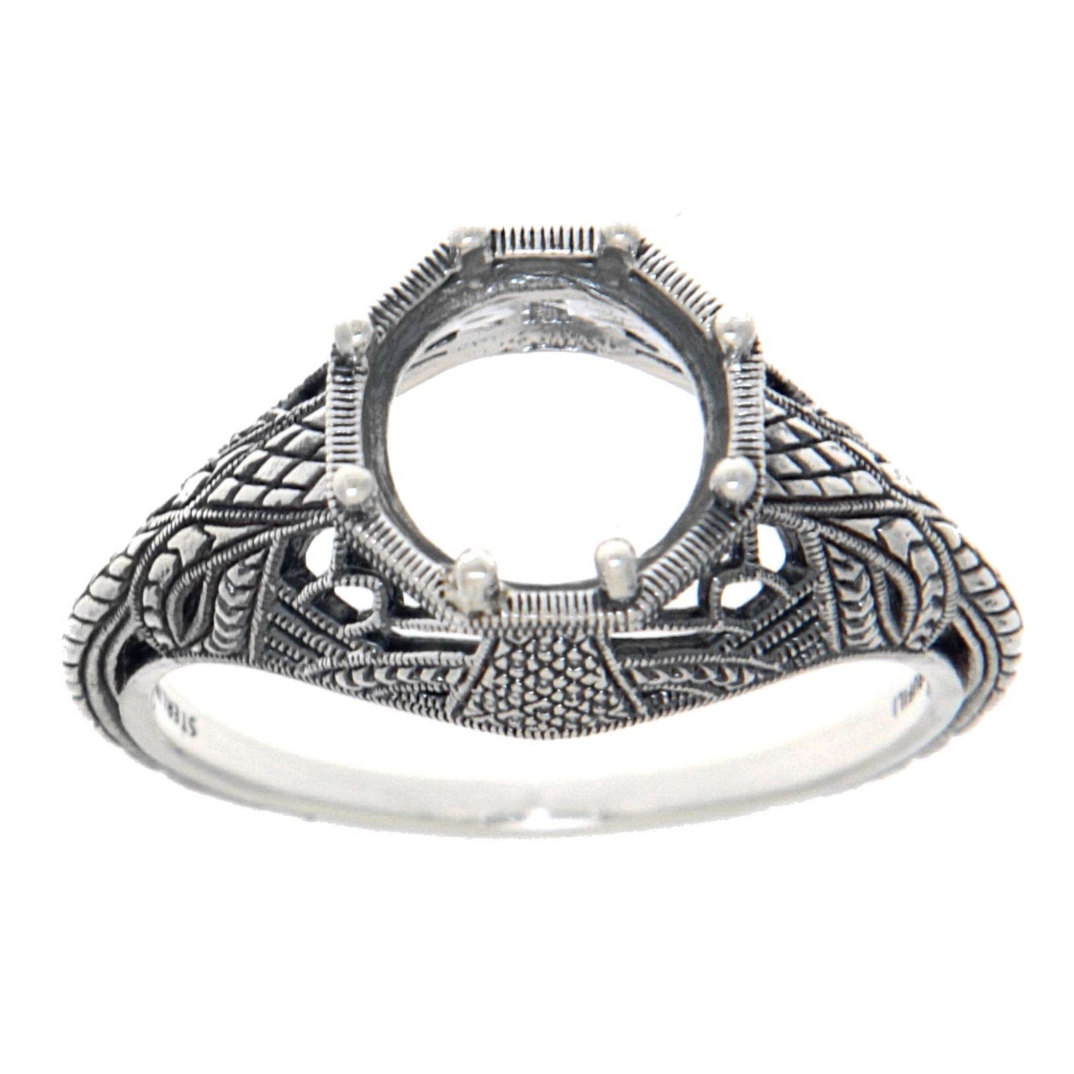 Back view of Semi Mount 8mm Classic Victorian Style Filigree Ring showing 925 sterling silver hallmark