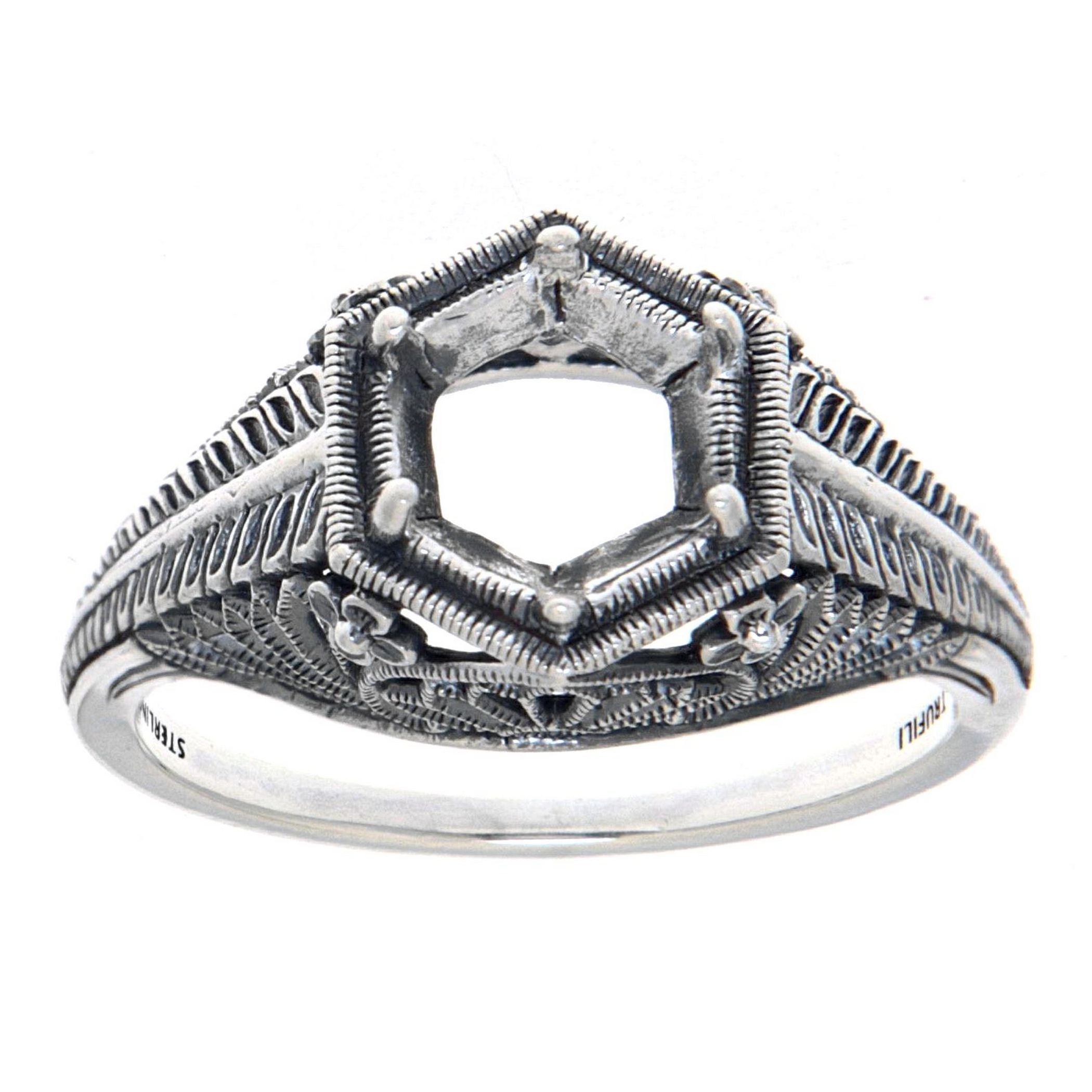 Back view of Semi Mount 6mm Classic Victorian Style Filigree Ring showing 925 sterling silver hallmark