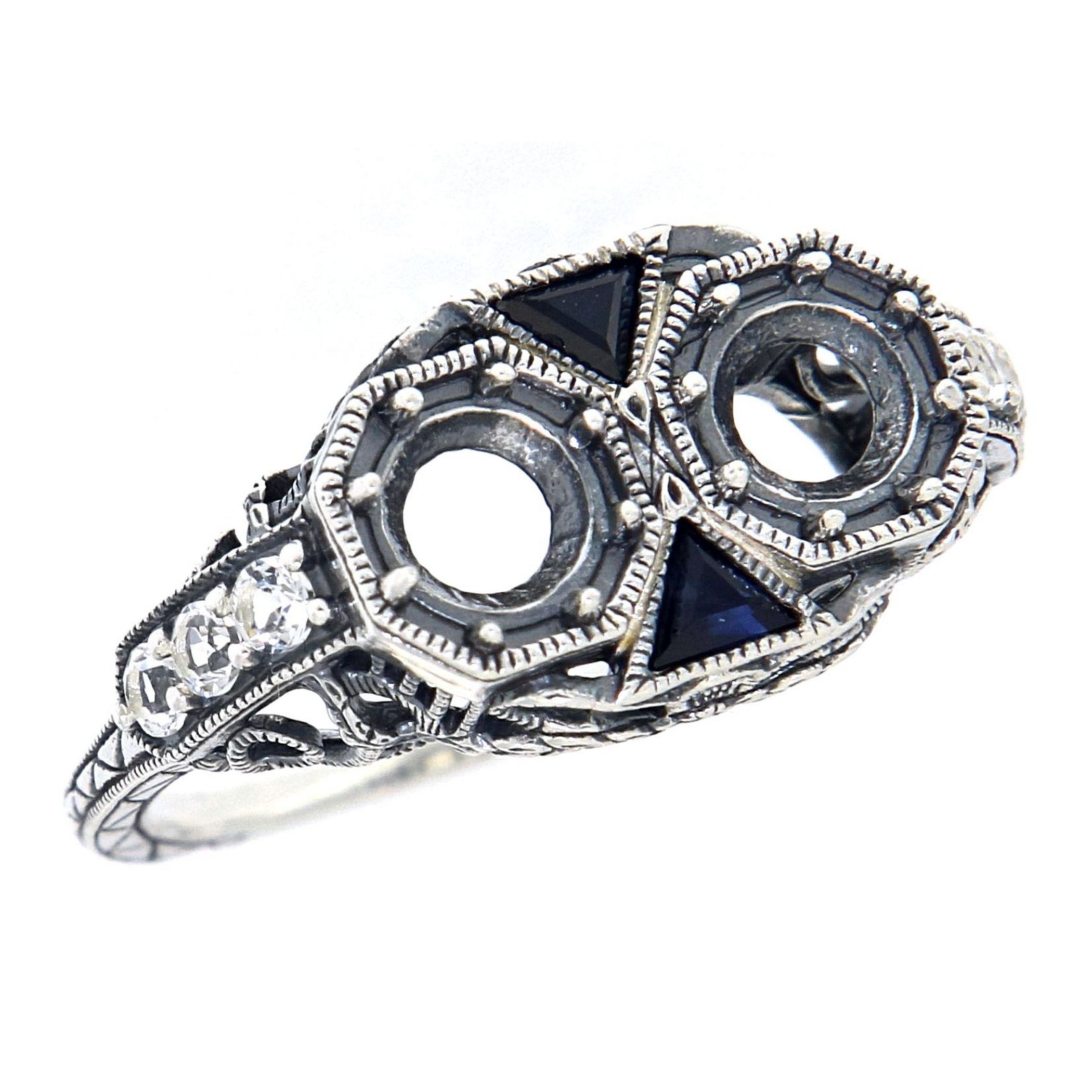 White Topaz, Sapphire, sterling silver semi mount rings, front view