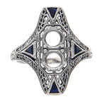 Back view of Art Deco Style Two Stone Semi Mount Ring Sapphire Accents Sterling Silver showing 925 sterling silver hallmark
