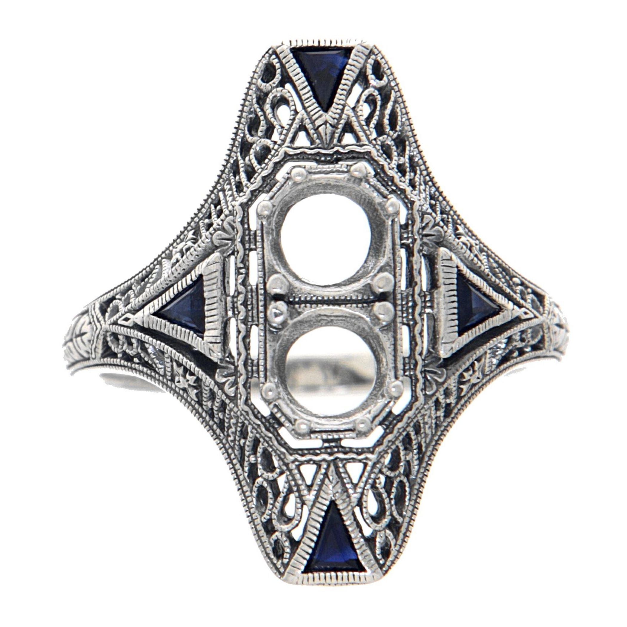 Back view of Art Deco Style Two Stone Semi Mount Ring Sapphire Accents Sterling Silver showing 925 sterling silver hallmark
