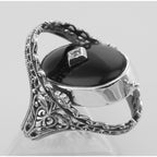 Detail view of Antique Style Cameo / Onyx Filigree Flip Ring w / Diamond highlighting Diamond, Onyx