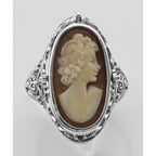 Back view of Antique Style Cameo / Onyx Filigree Flip Ring w / Diamond showing 925 sterling silver hallmark