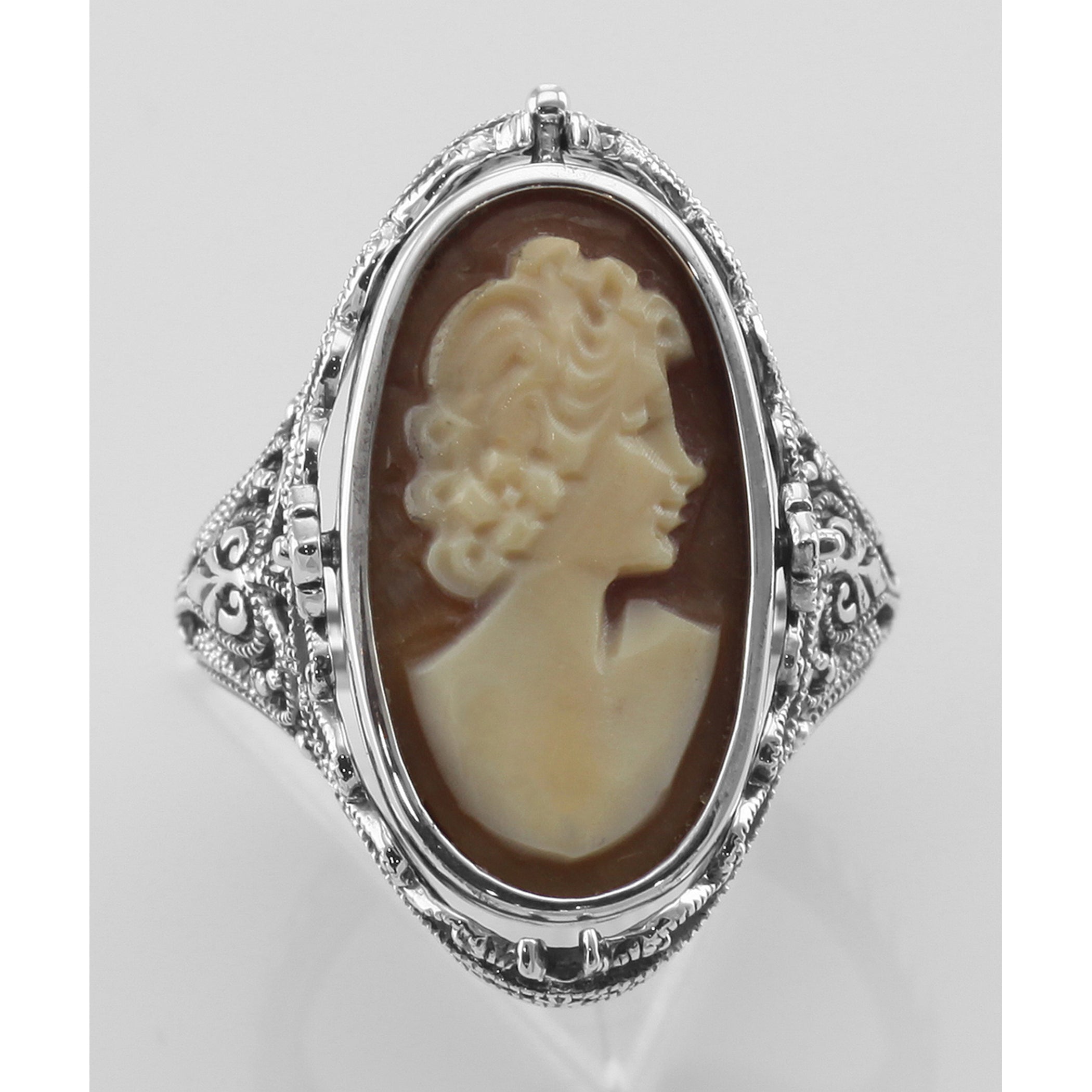 Back view of Antique Style Cameo / Onyx Filigree Flip Ring w / Diamond showing 925 sterling silver hallmark