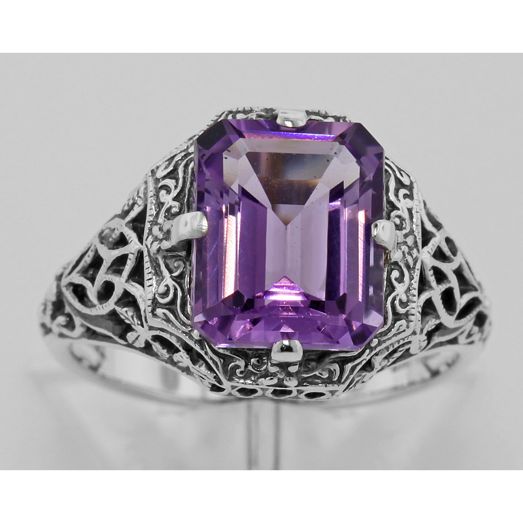 Back view of 2 1/2 Carat Amethyst Filigree Ring showing 925 sterling silver hallmark