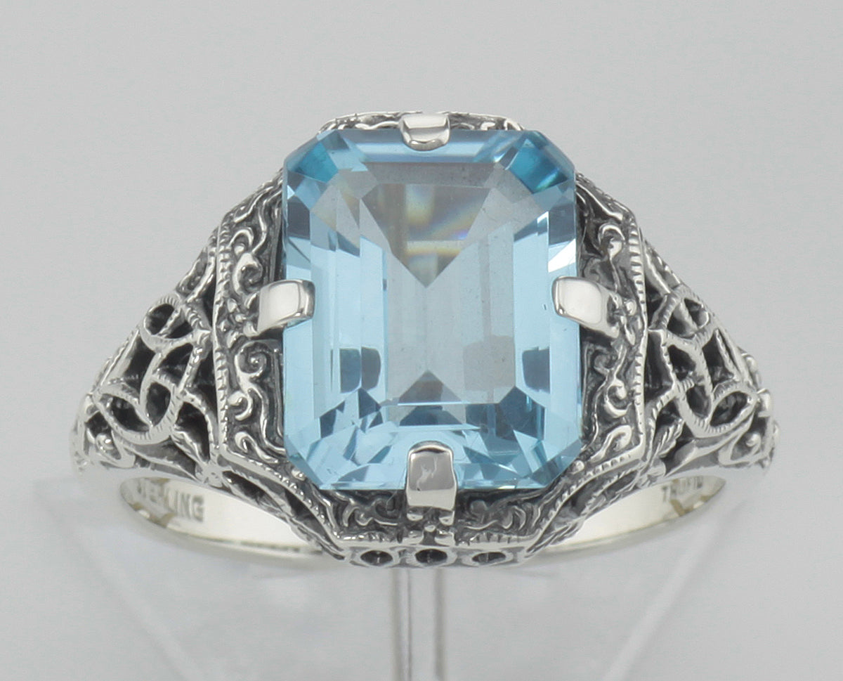 Detail view of Antique Style 2 1/2 Carat Blue Topaz Filigree Ring highlighting Blue Topaz