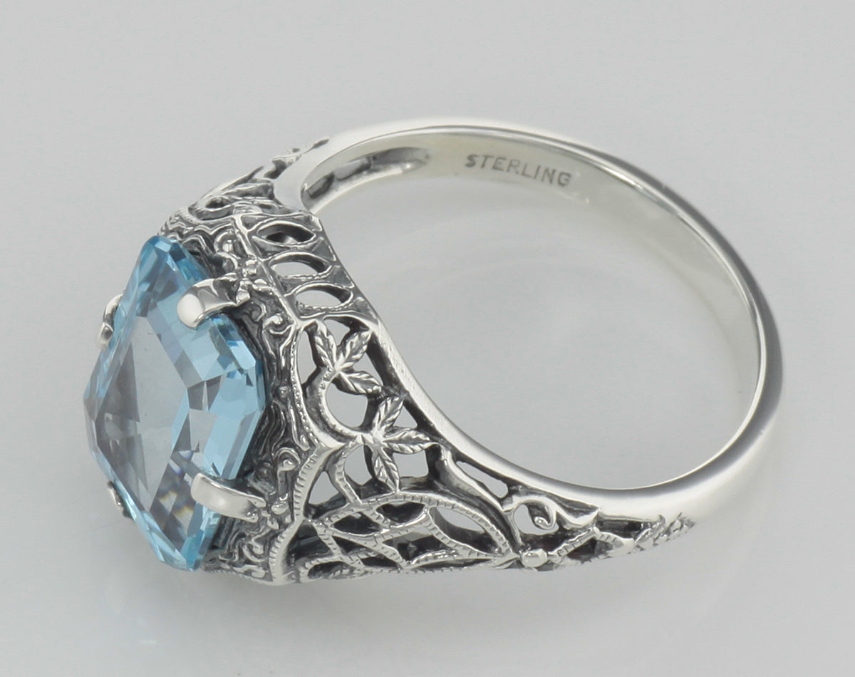 Back view of Antique Style 2 1/2 Carat Blue Topaz Filigree Ring showing 925 sterling silver hallmark