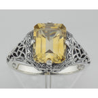 Detail view of Art Deco Emerald Cut Genuine Citrine Filigree Ring highlighting Citrine, Emerald