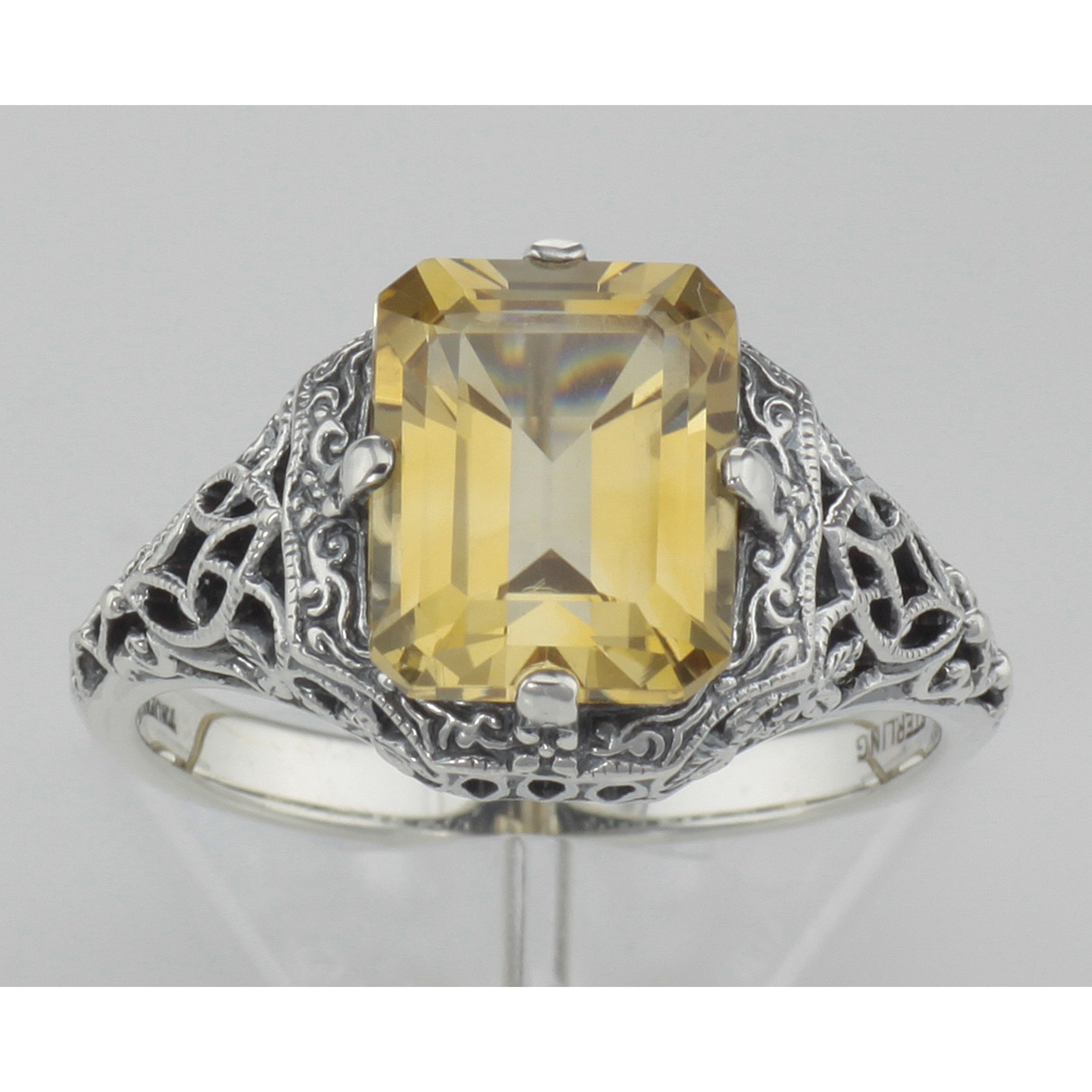 Detail view of Art Deco Emerald Cut Genuine Citrine Filigree Ring highlighting Citrine, Emerald