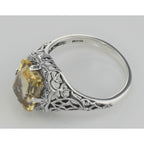Back view of Art Deco Emerald Cut Genuine Citrine Filigree Ring showing 925 sterling silver hallmark
