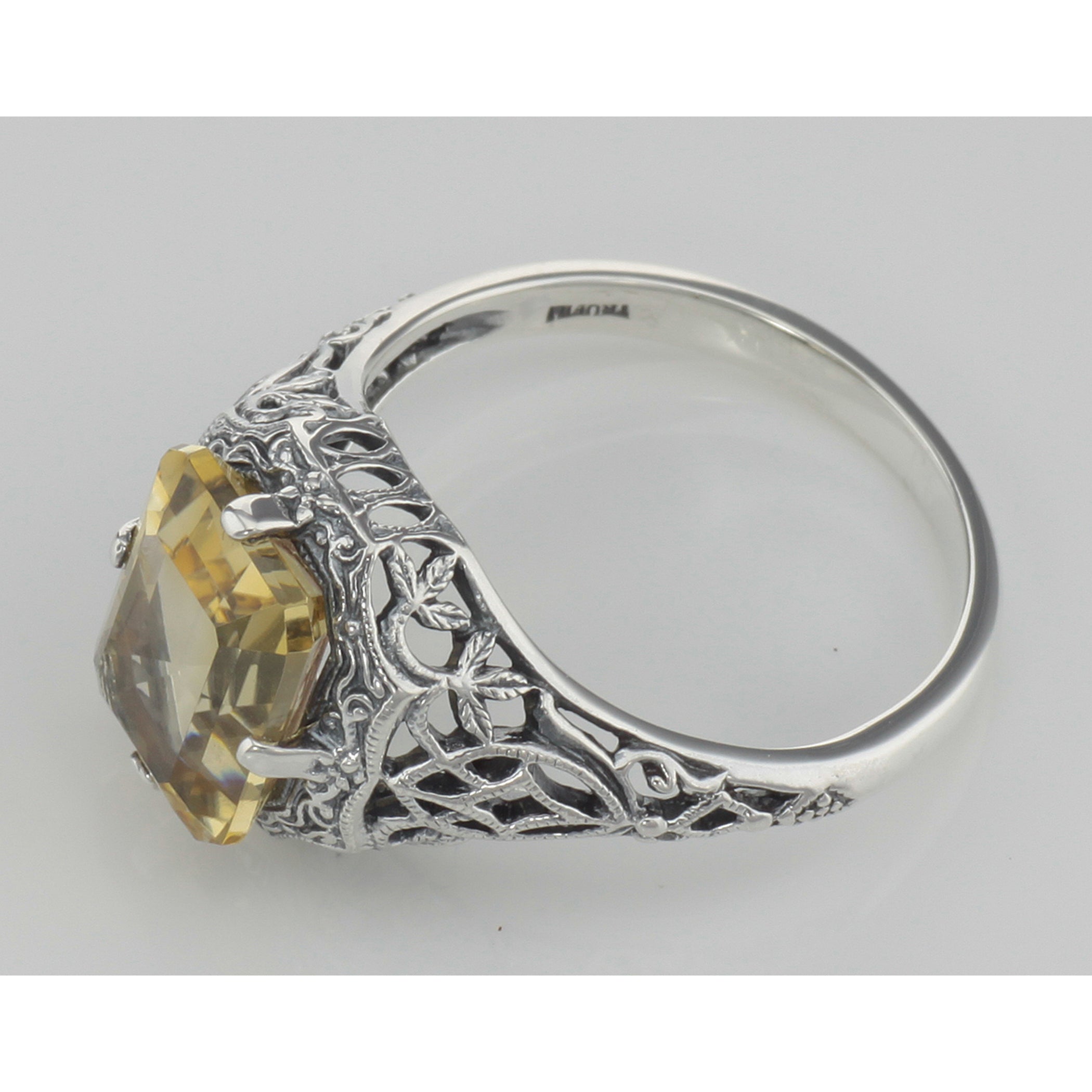 Back view of Art Deco Emerald Cut Genuine Citrine Filigree Ring showing 925 sterling silver hallmark