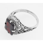 Back view of Antique Style Garnet Filigree Ring showing 925 sterling silver hallmark