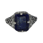 Back view of Art Deco Style Blue Lapis Filigree Ring showing 925 sterling silver hallmark