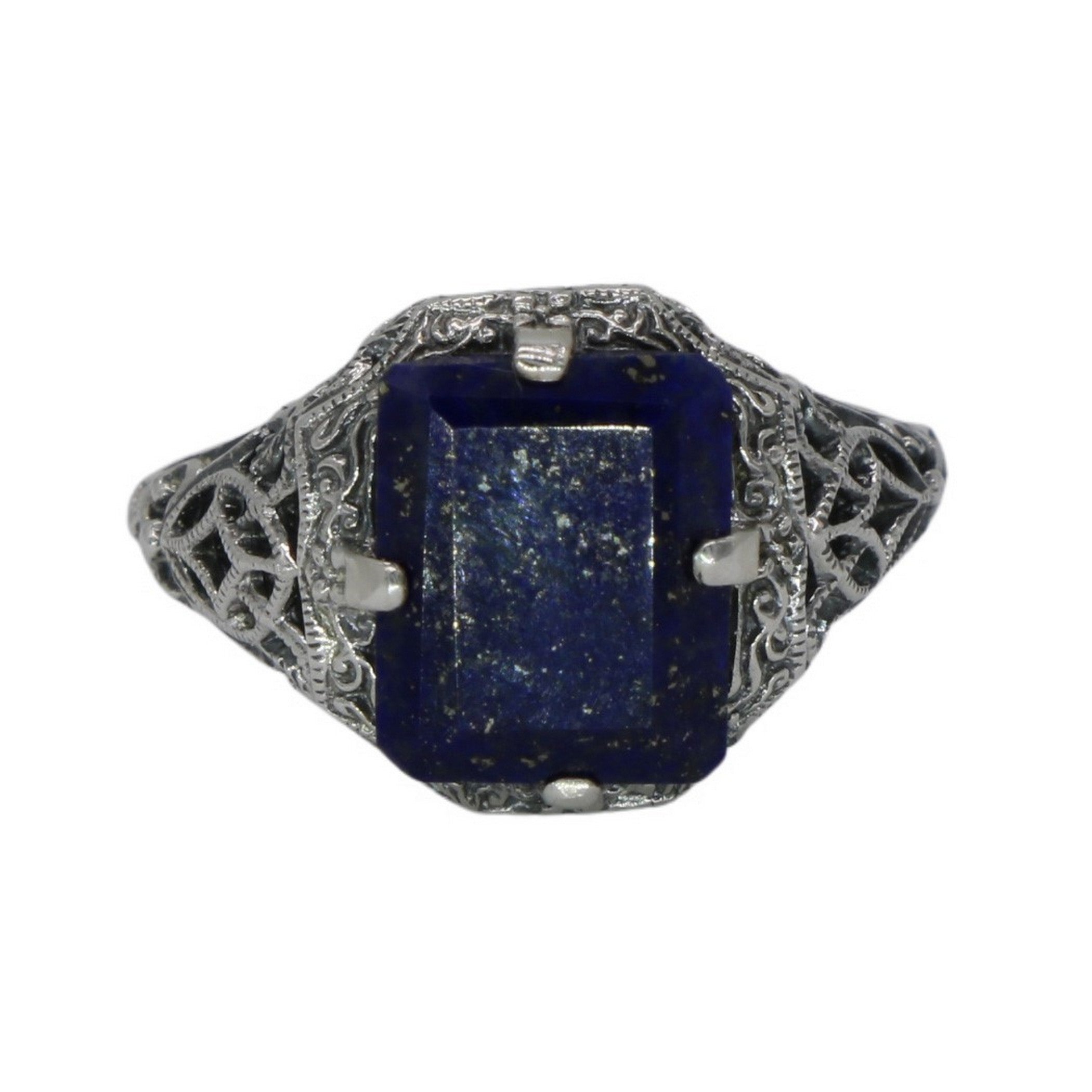 Back view of Art Deco Style Blue Lapis Filigree Ring showing 925 sterling silver hallmark