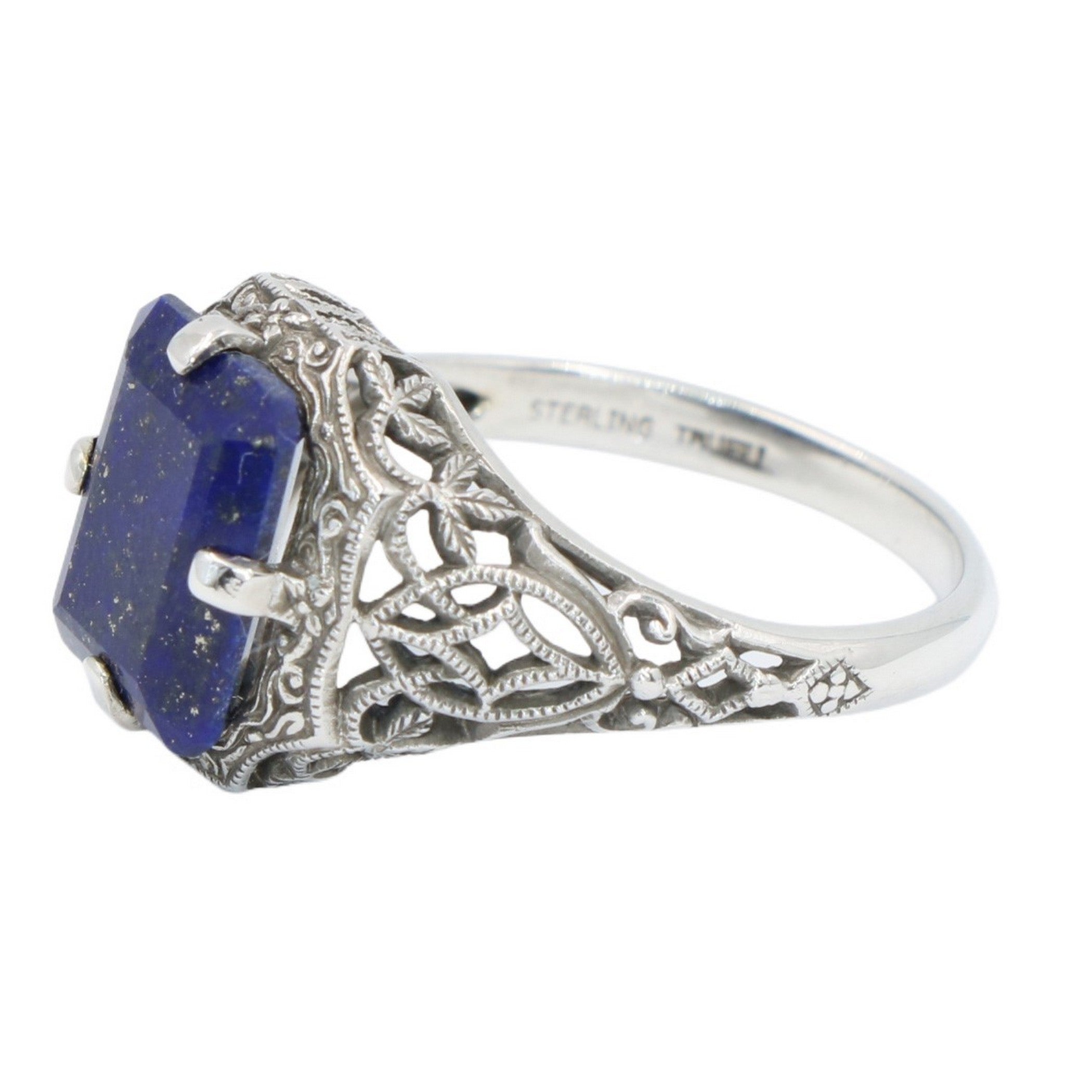Detail view of Art Deco Style Blue Lapis Filigree Ring highlighting Lapis