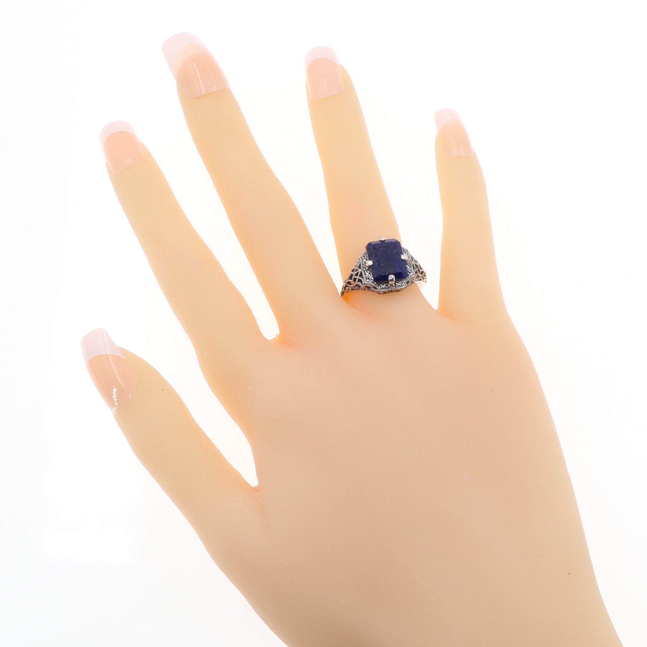 Detail view of Art Deco Style Blue Lapis Filigree Ring highlighting Lapis
