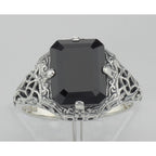 Detail view of Art Deco Style Black Onyx Filigree Ring highlighting Black Onyx, Onyx