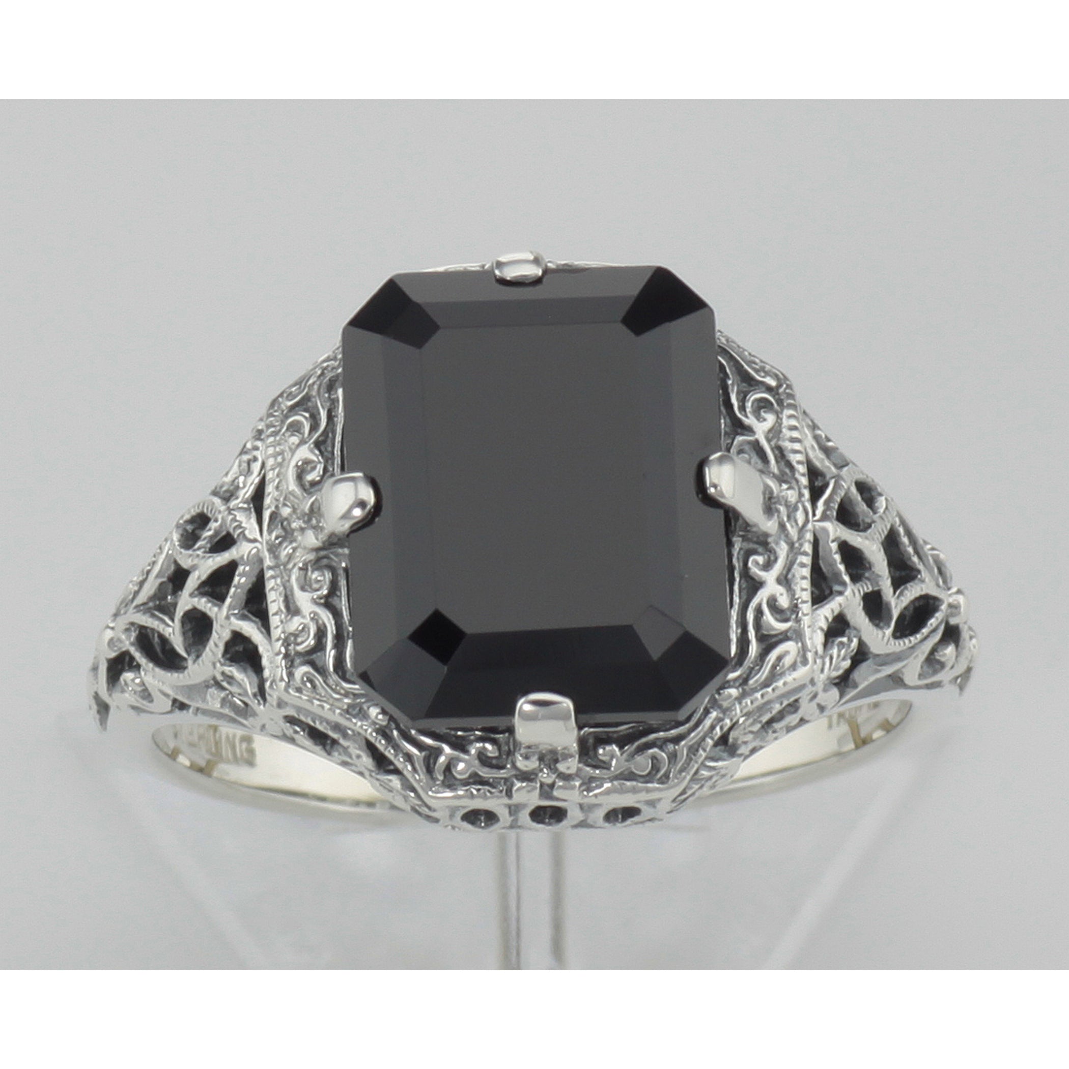 Detail view of Art Deco Style Black Onyx Filigree Ring highlighting Black Onyx, Onyx