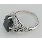 Back view of Art Deco Style Black Onyx Filigree Ring showing 925 sterling silver hallmark