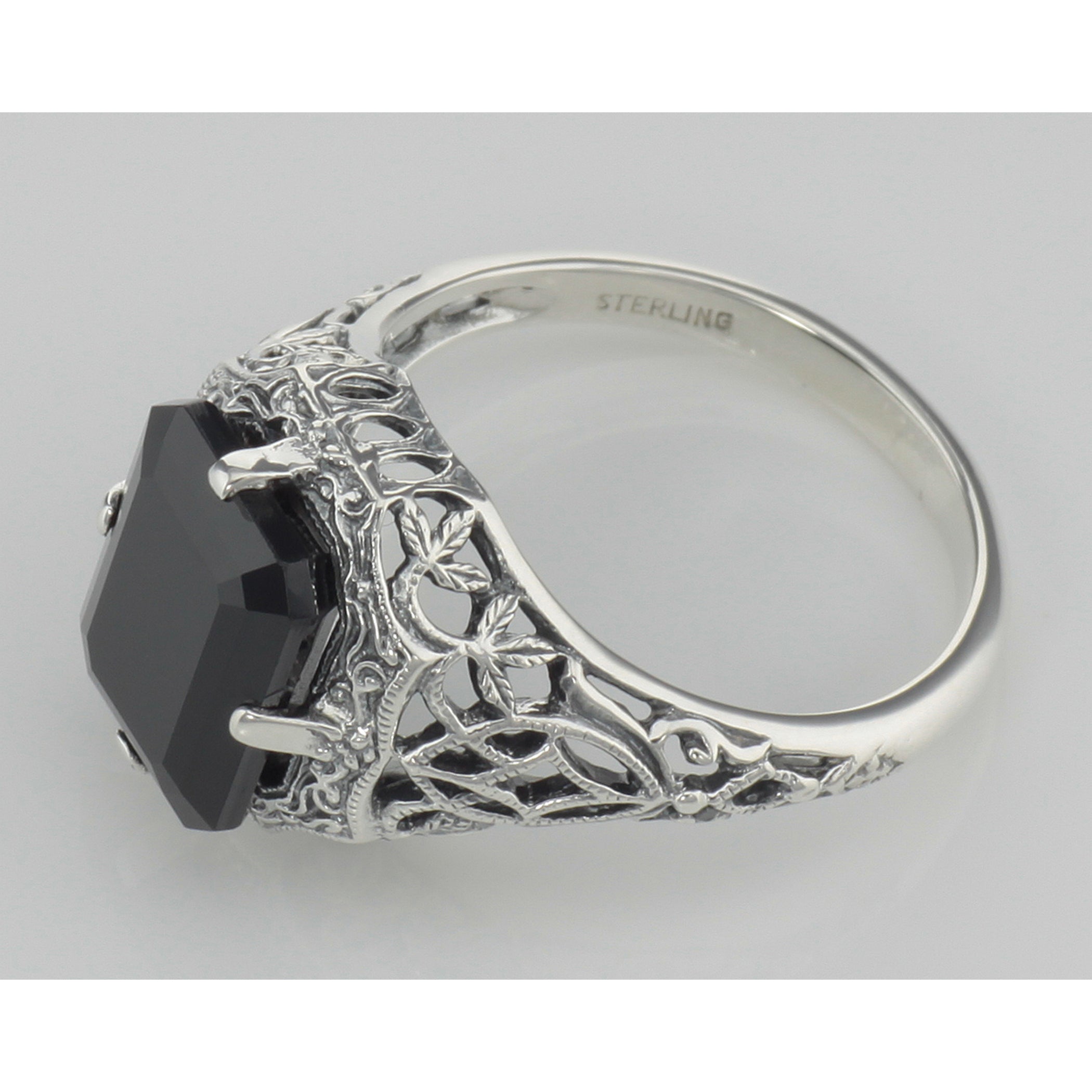 Back view of Art Deco Style Black Onyx Filigree Ring showing 925 sterling silver hallmark