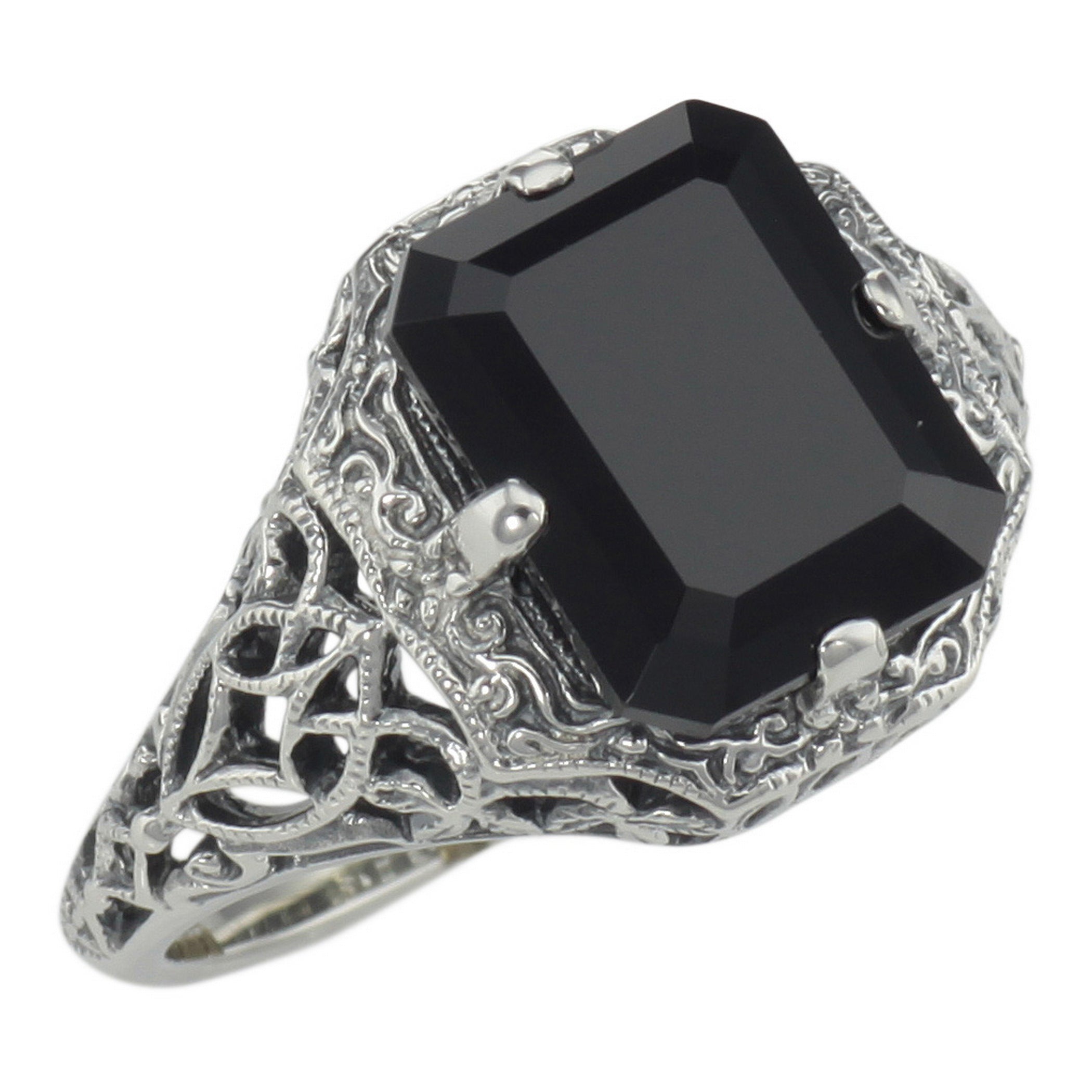 Art Deco style, Black Onyx, Onyx, sterling silver rings, front view