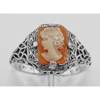 Detail view of Hand Carved Italian Shell Cameo Filigree Ring highlighting design details