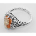 Back view of Hand Carved Italian Shell Cameo Filigree Ring showing 925 sterling silver hallmark