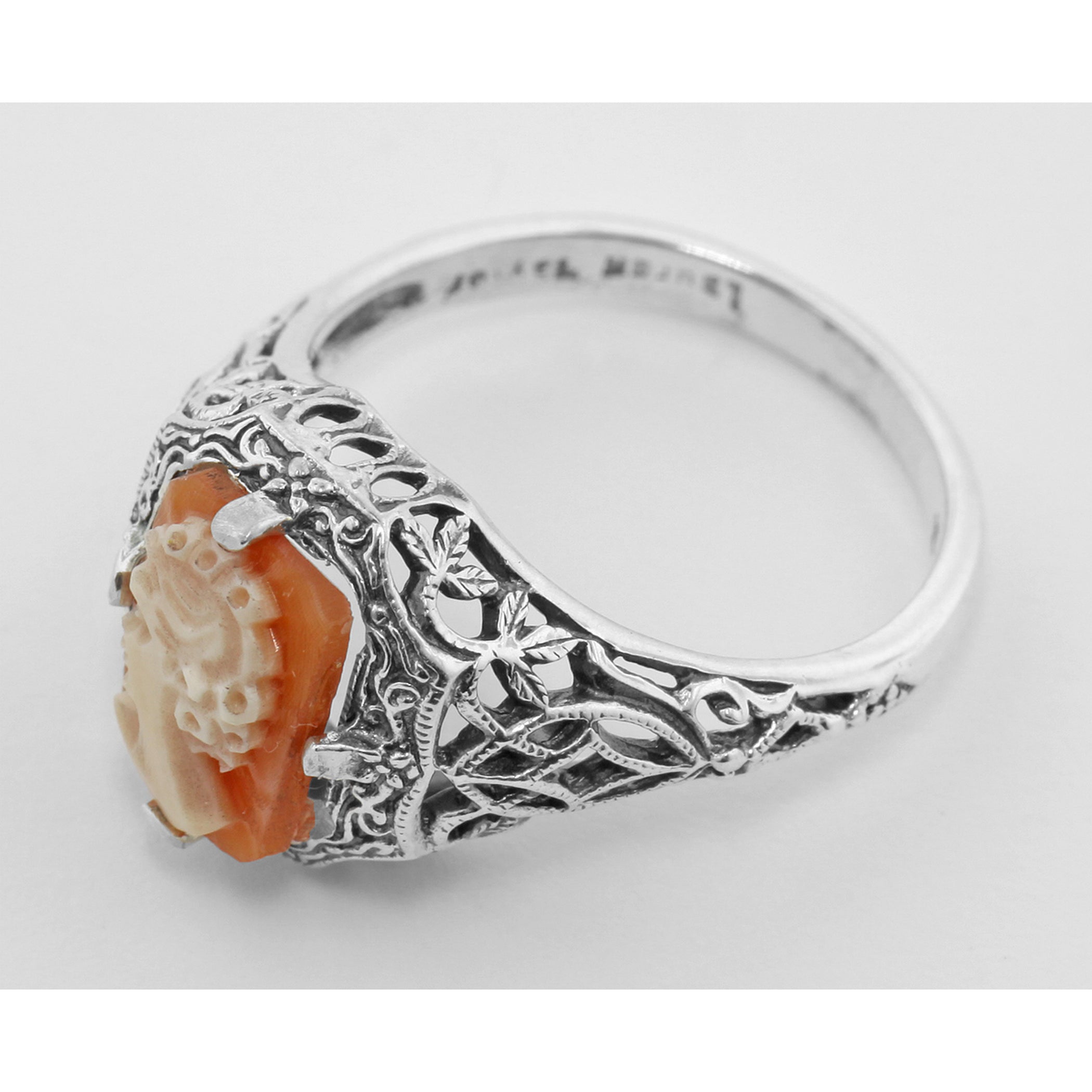 Back view of Hand Carved Italian Shell Cameo Filigree Ring showing 925 sterling silver hallmark