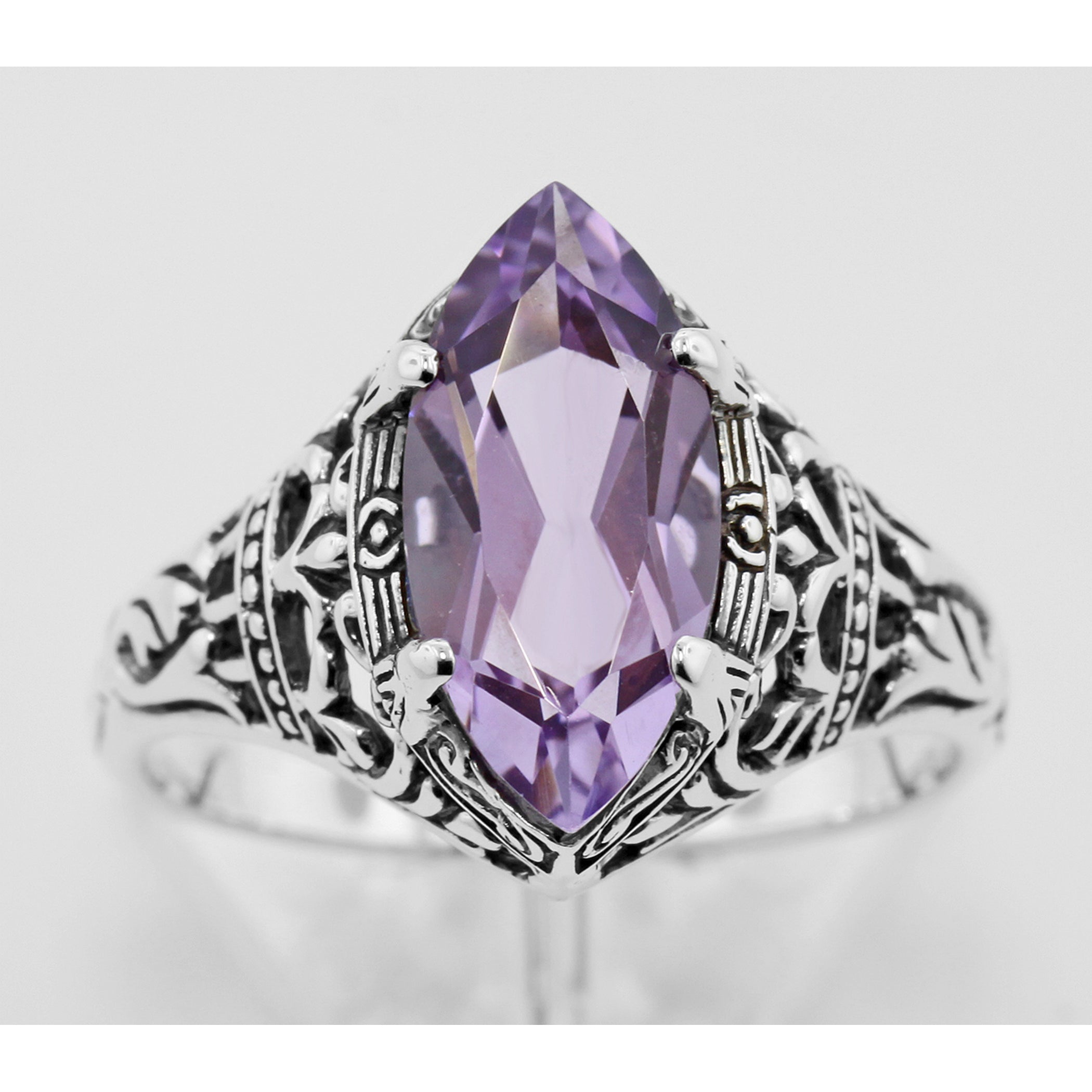 Detail view of Antique Style Amethyst Filigree Ring highlighting Amethyst