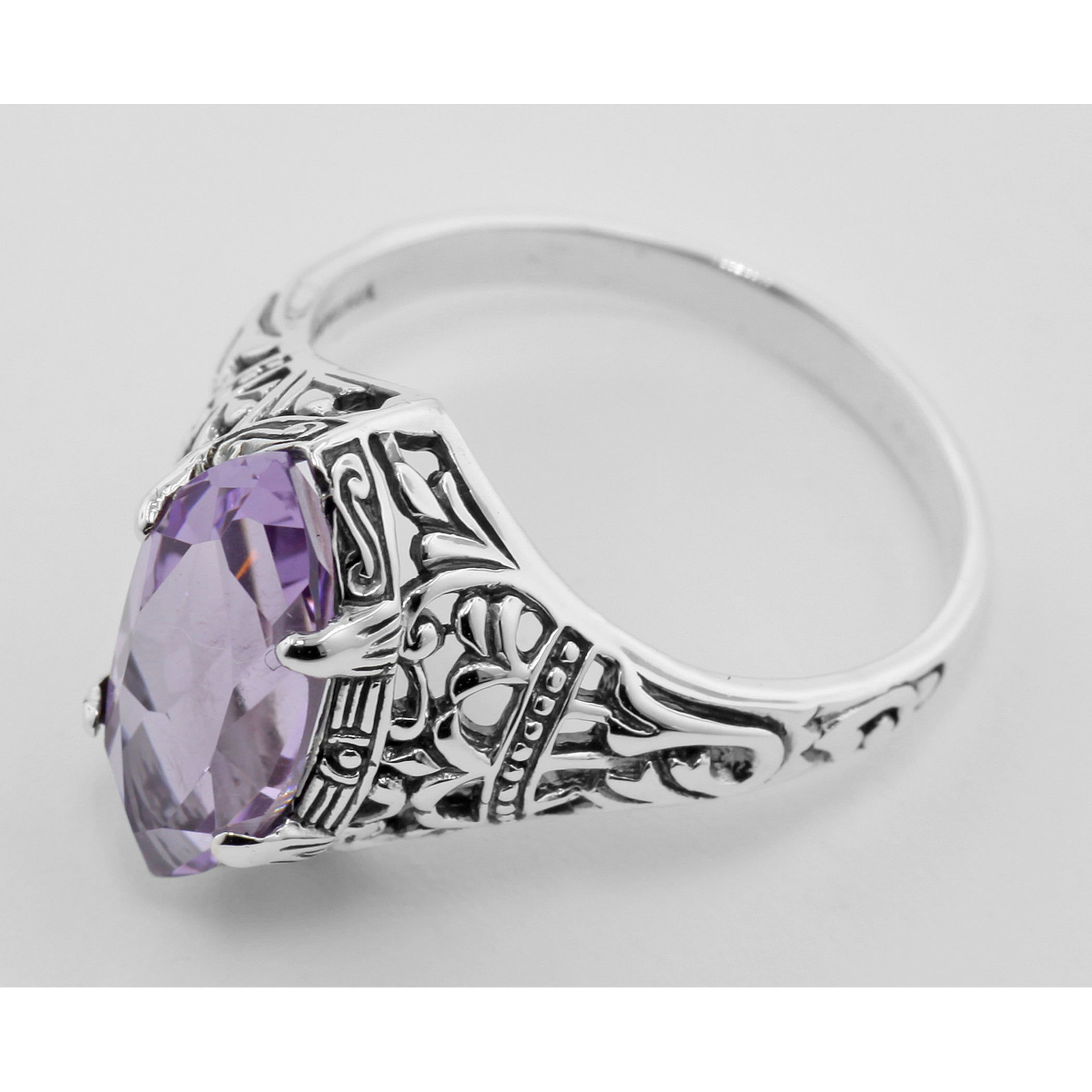 Back view of Antique Style Amethyst Filigree Ring showing 925 sterling silver hallmark