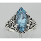 Detail view of Antique Victorian Style Blue Topaz Filigree Ring highlighting Blue Topaz