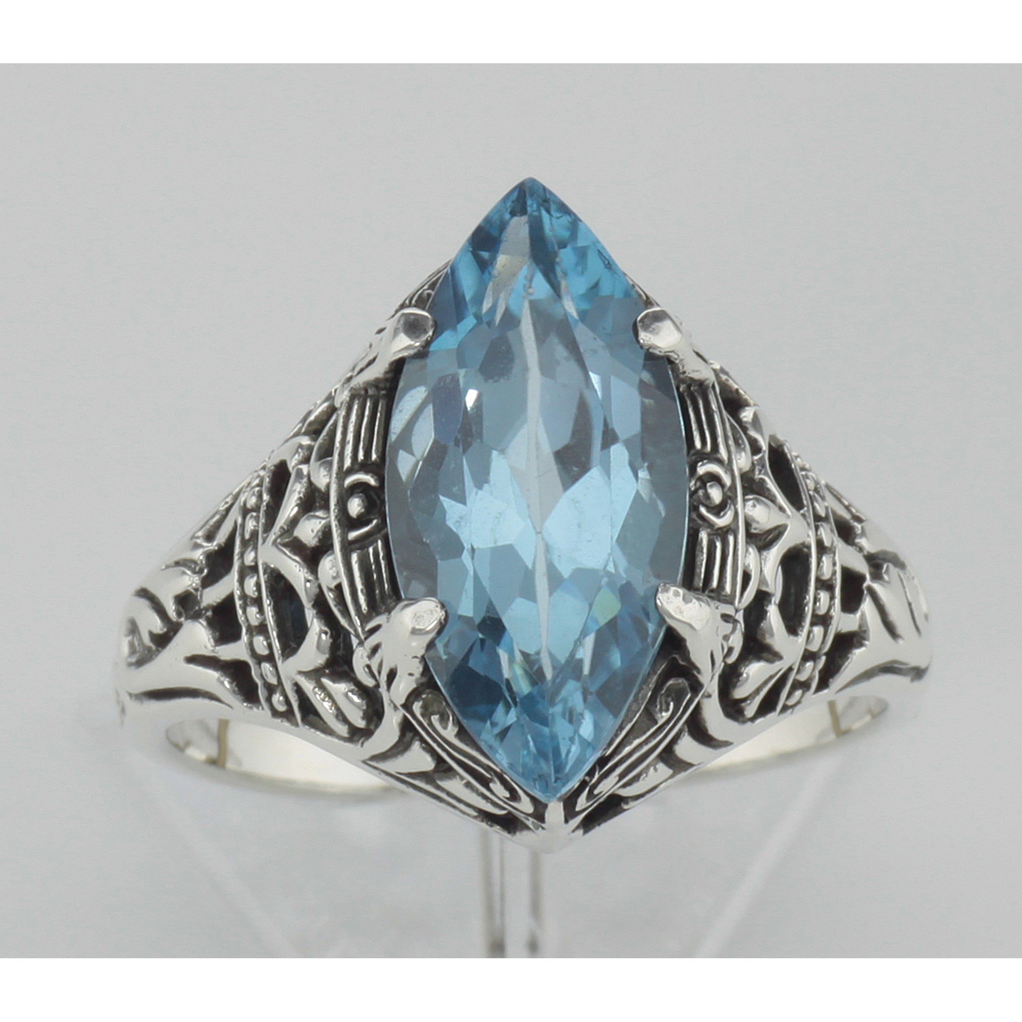 Detail view of Antique Victorian Style Blue Topaz Filigree Ring highlighting Blue Topaz