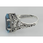 Back view of Antique Victorian Style Blue Topaz Filigree Ring showing 925 sterling silver hallmark