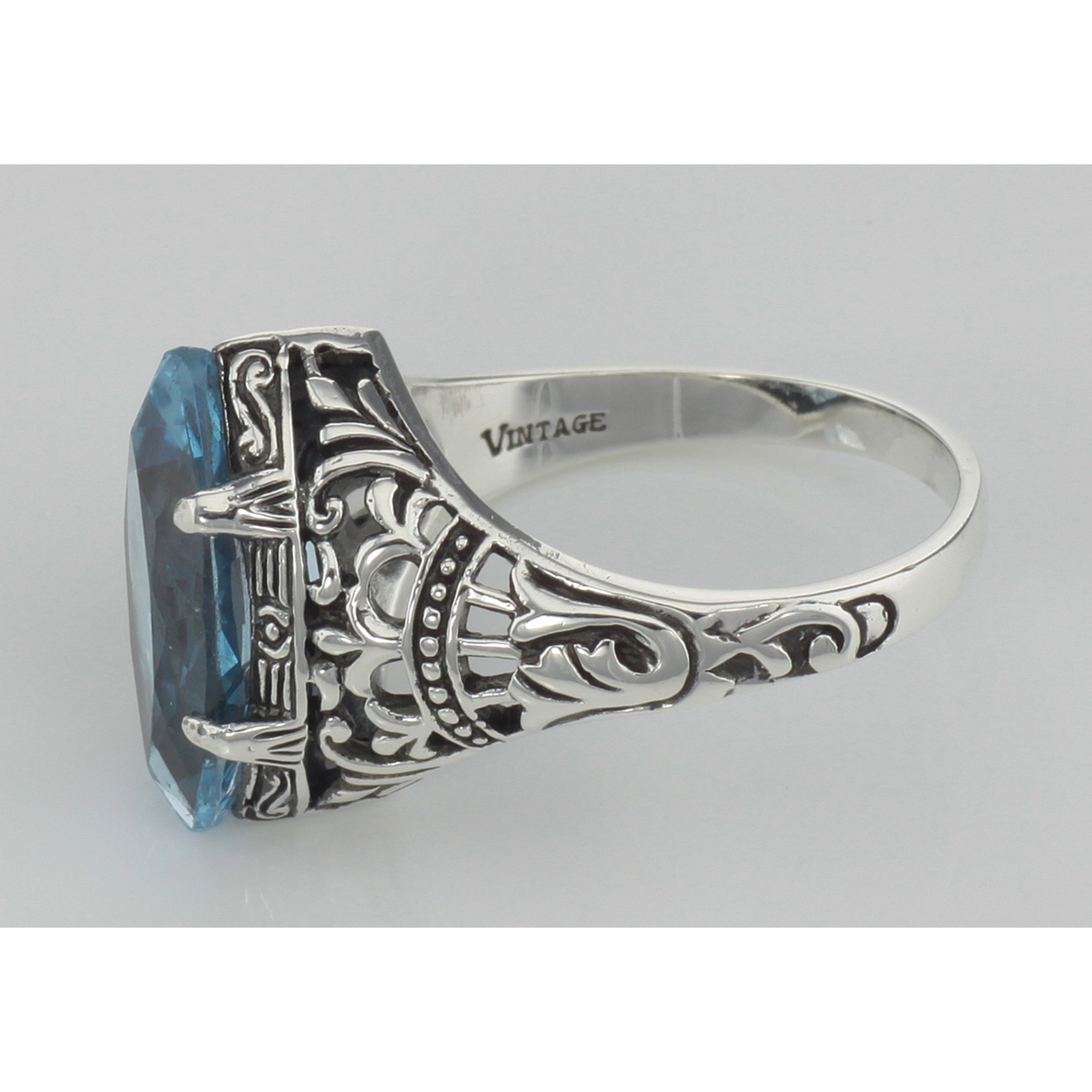 Back view of Antique Victorian Style Blue Topaz Filigree Ring showing 925 sterling silver hallmark