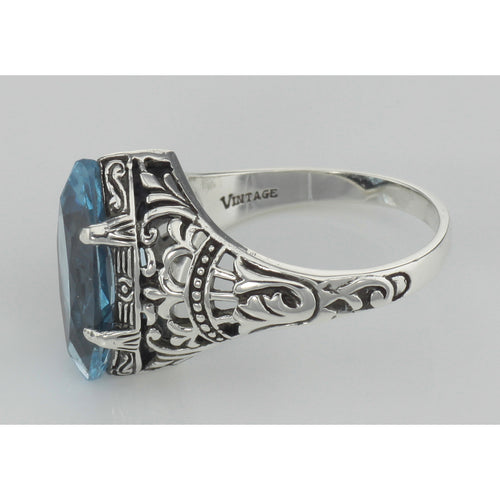 Back view of Antique Victorian Style Blue Topaz Filigree Ring showing 925 sterling silver hallmark