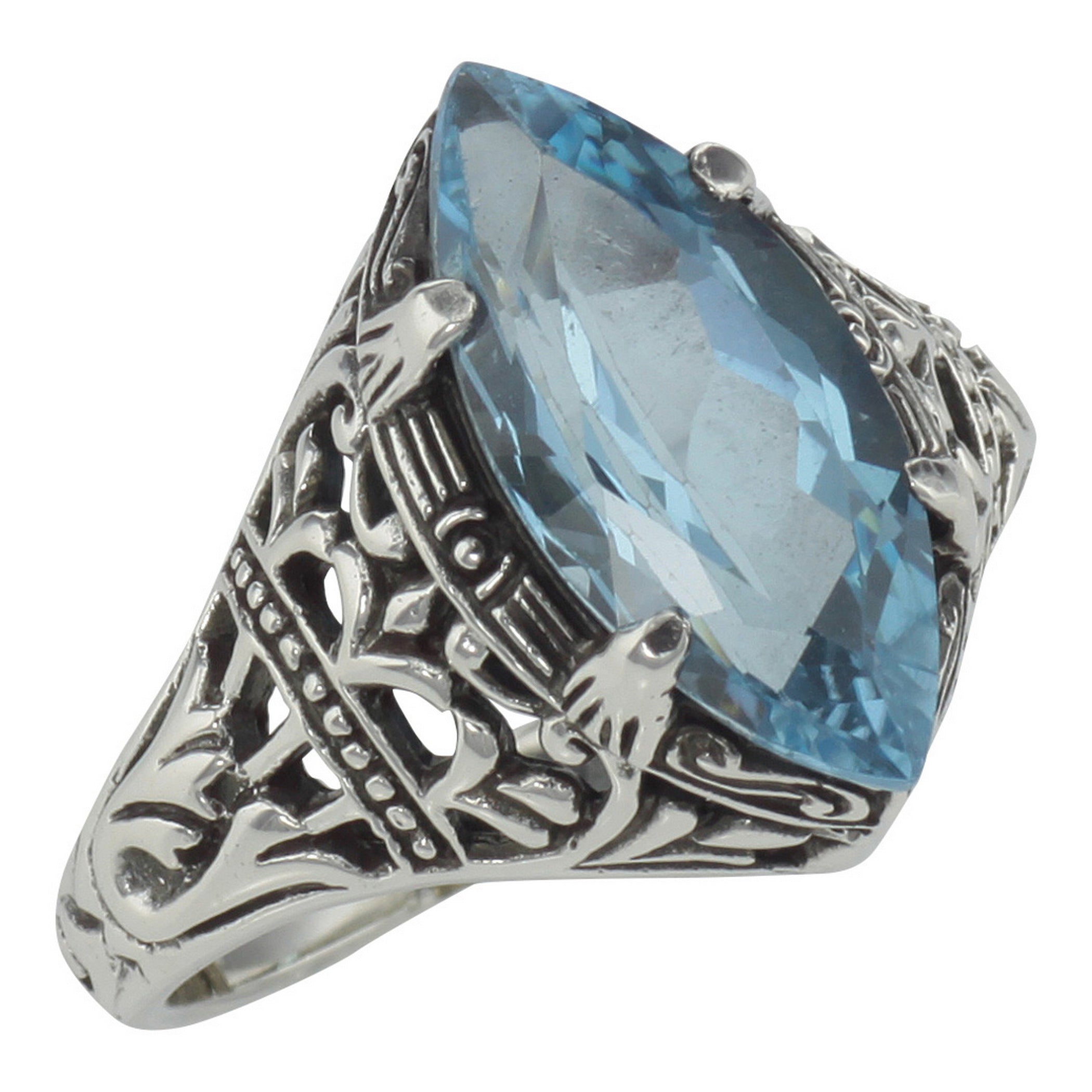 Victorian style, Blue Topaz, sterling silver rings, front view