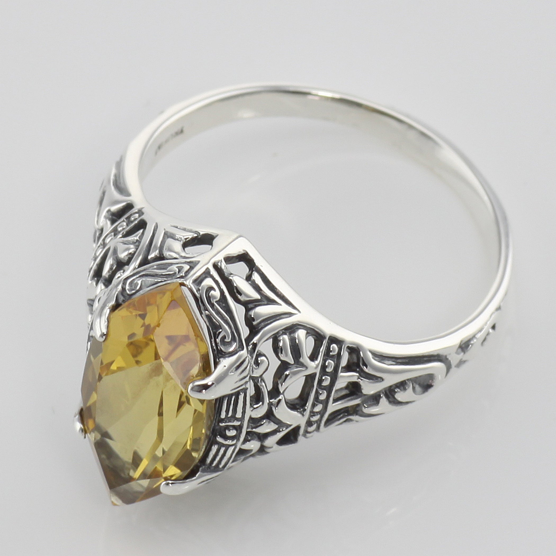 Back view of Citrine Filigree Ring showing 925 sterling silver hallmark