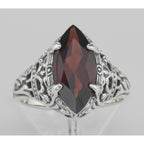 Detail view of Art Deco Style Genuine Red Garnet Filigree Ring highlighting Garnet