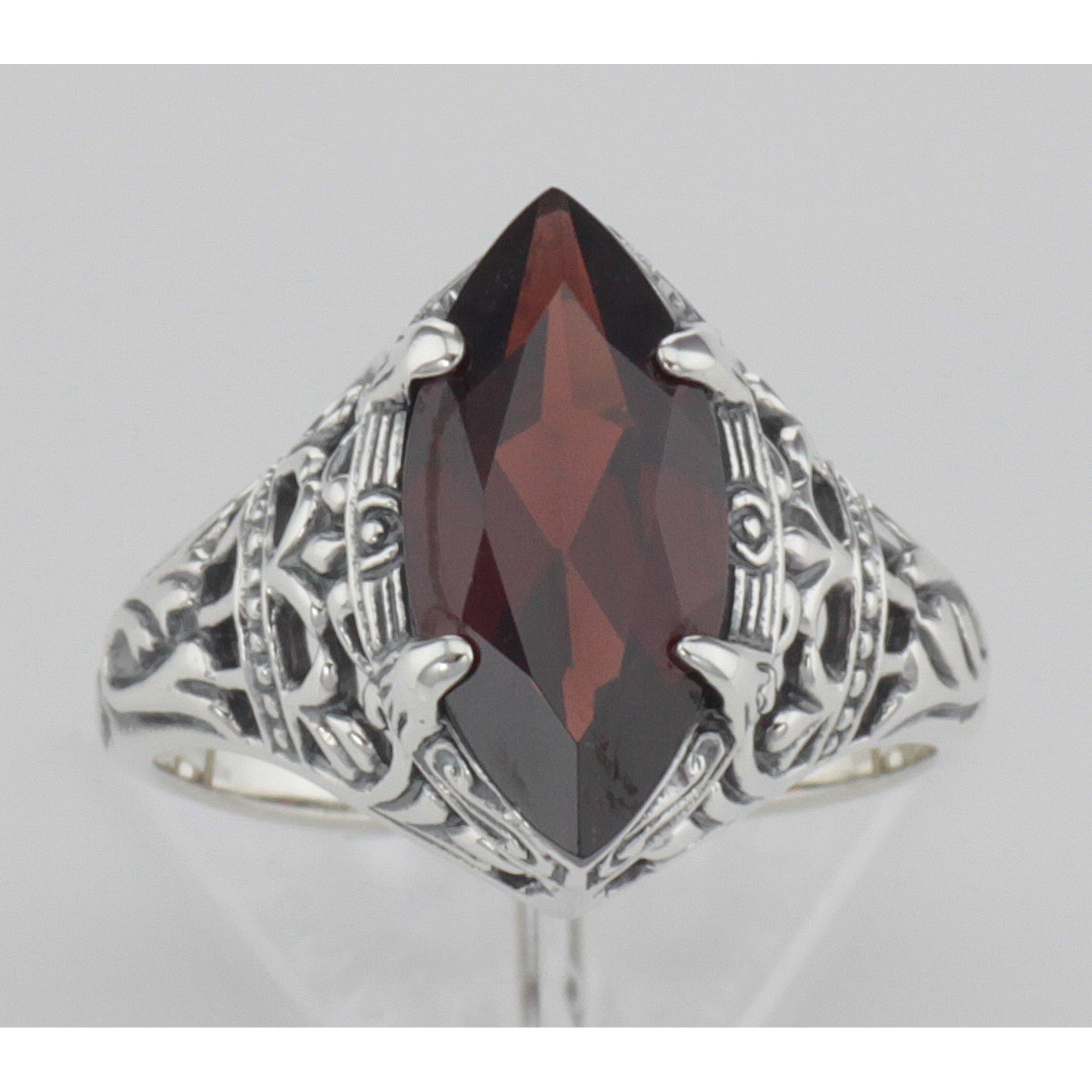 Detail view of Art Deco Style Genuine Red Garnet Filigree Ring highlighting Garnet