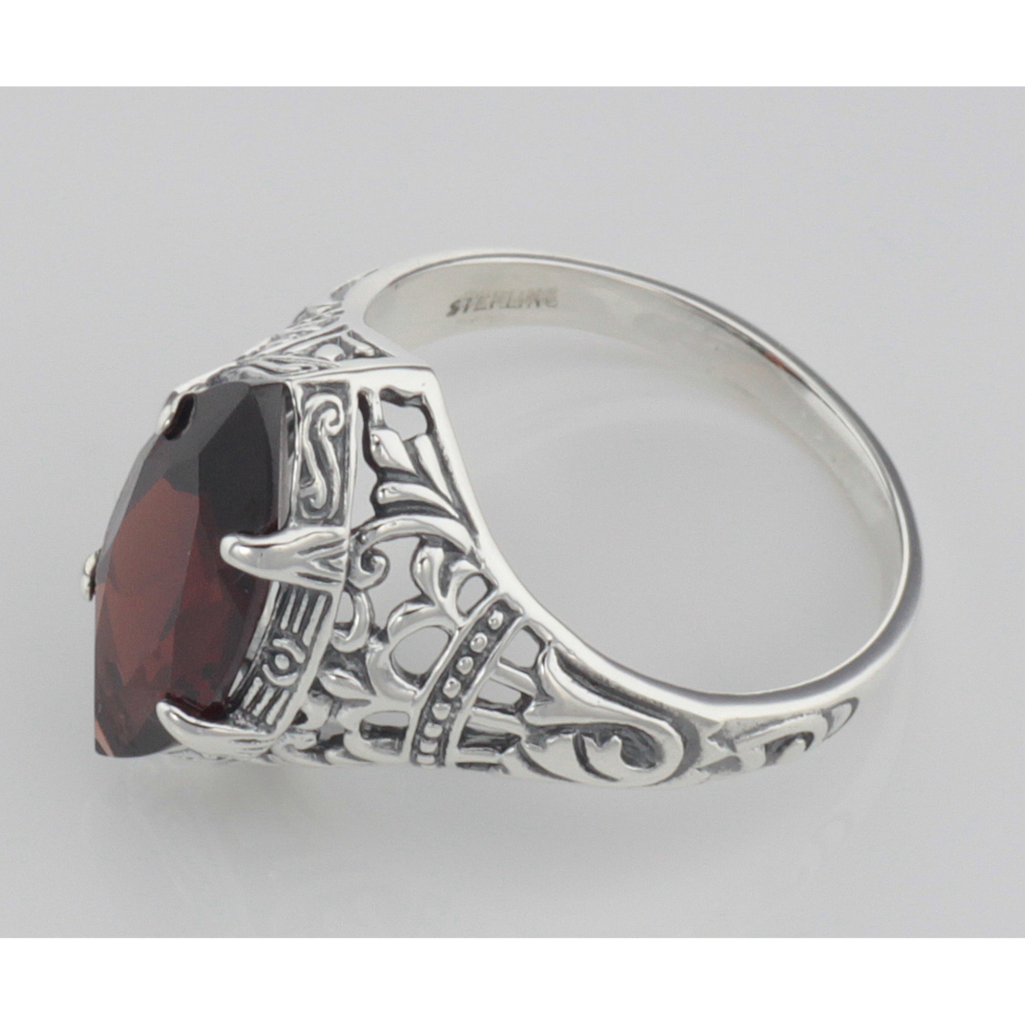 Back view of Art Deco Style Genuine Red Garnet Filigree Ring showing 925 sterling silver hallmark