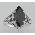 Detail view of Antique Victorian Style Black Onyx Filigree Ring highlighting Black Onyx, Onyx