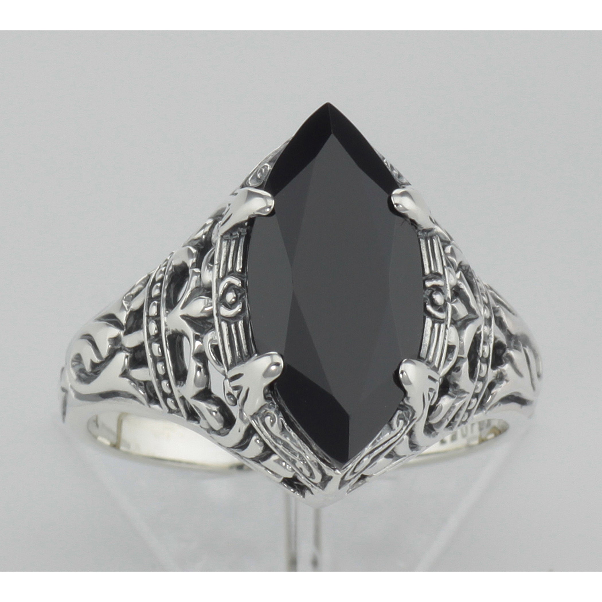Detail view of Antique Victorian Style Black Onyx Filigree Ring highlighting Black Onyx, Onyx